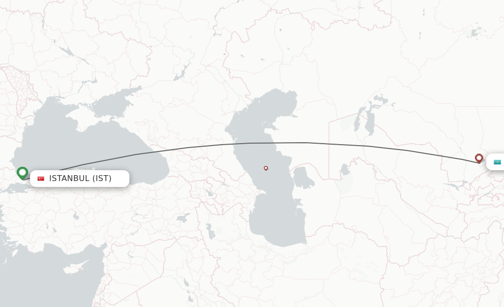 Flights from Istanbul to Shymkent route map