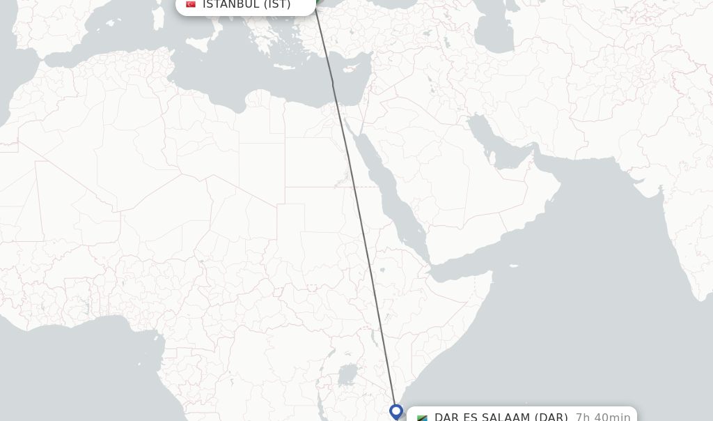 Flights from Istanbul to Dar Es Salaam route map