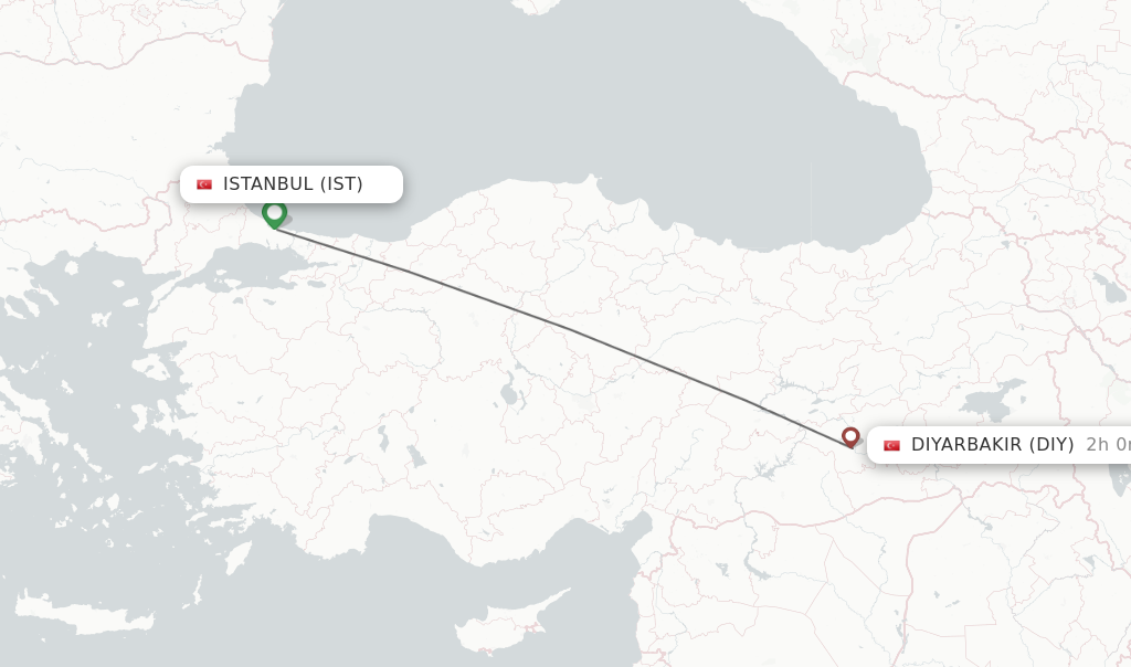 Flights from Istanbul to Diyarbakir route map