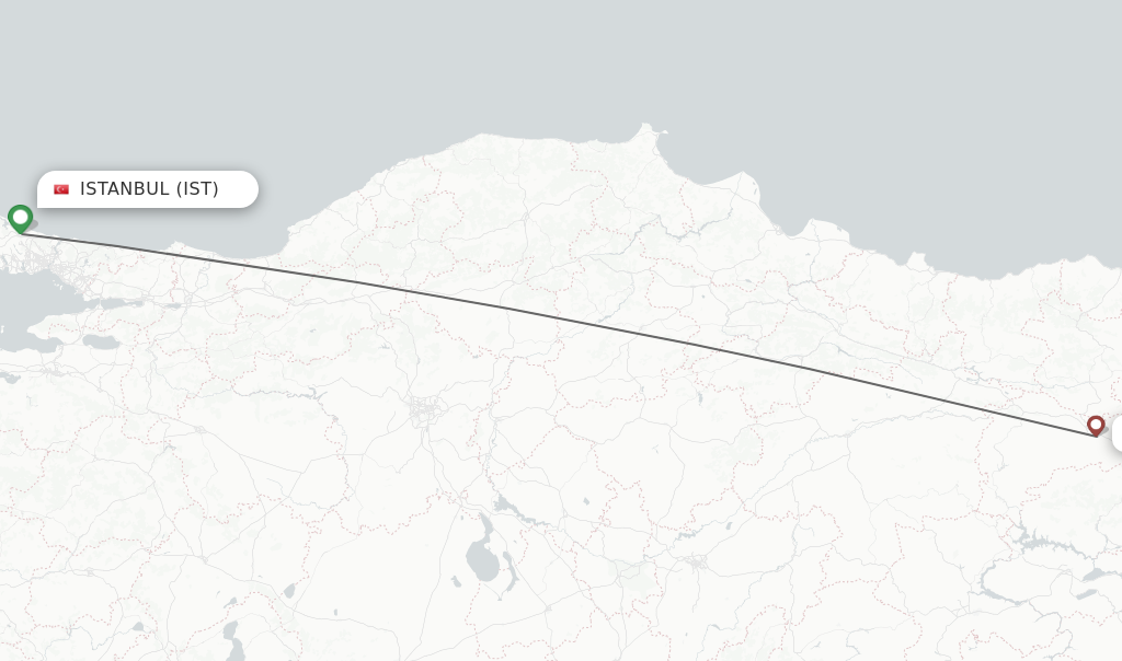 Flights from Istanbul to Erzincan route map