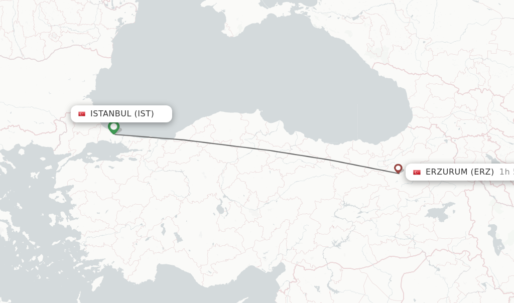 Flights from Istanbul to Erzurum route map