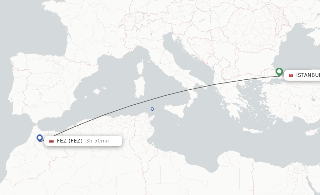Flights from Istanbul to Fes route map