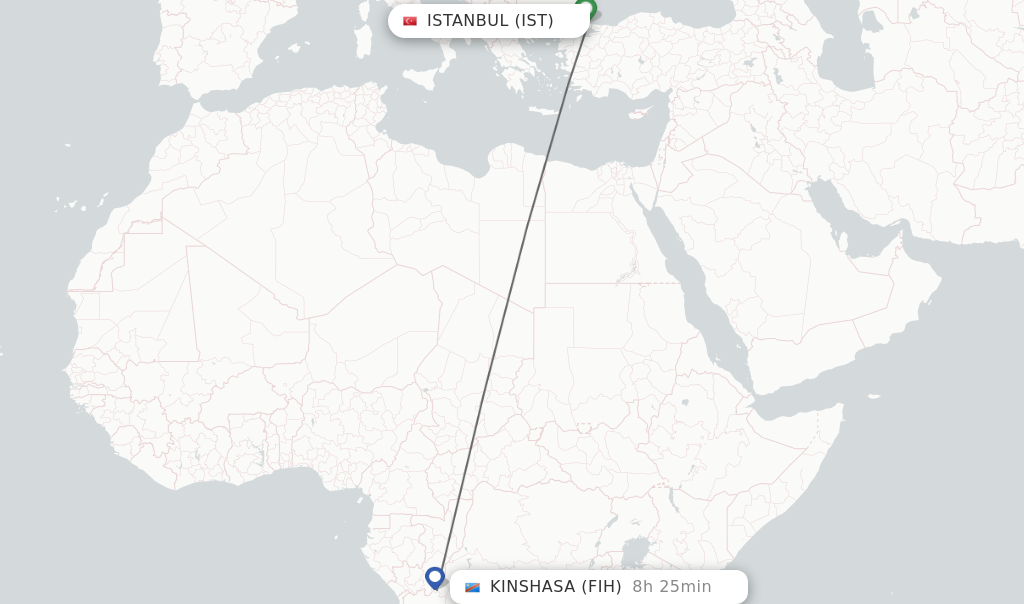 Flights from Istanbul to Kinshasa route map
