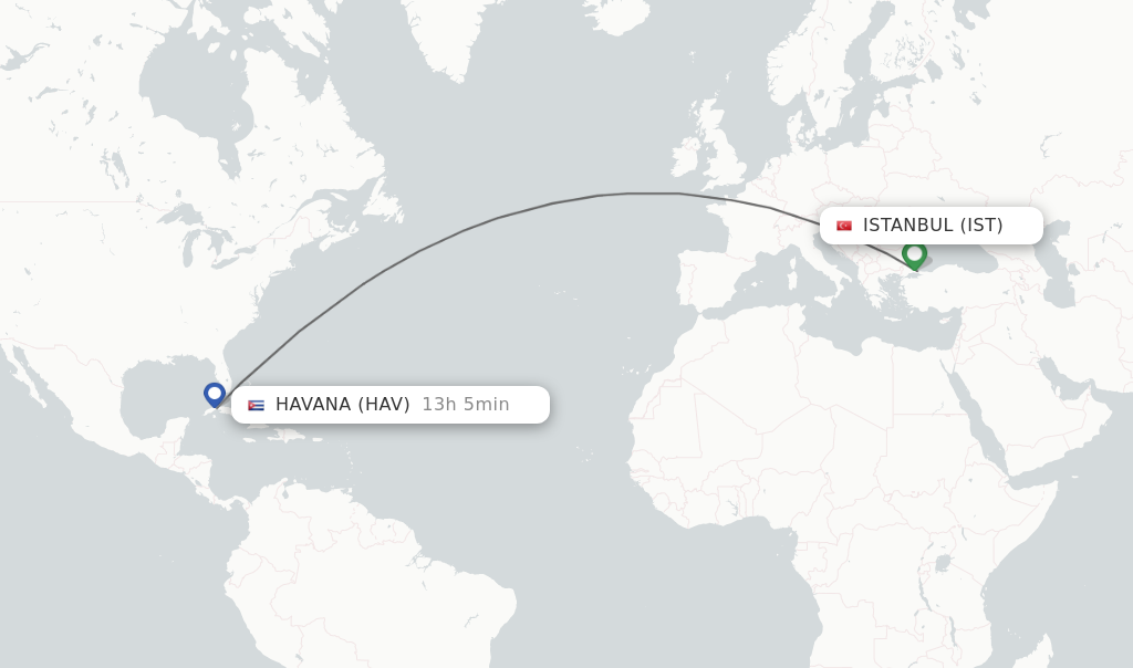 Flights from Havana to Istanbul route map