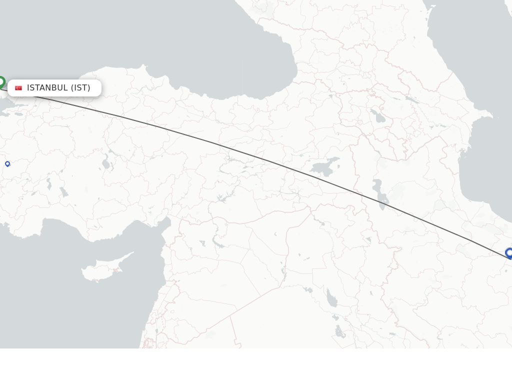 Flights from Istanbul to Tehran route map