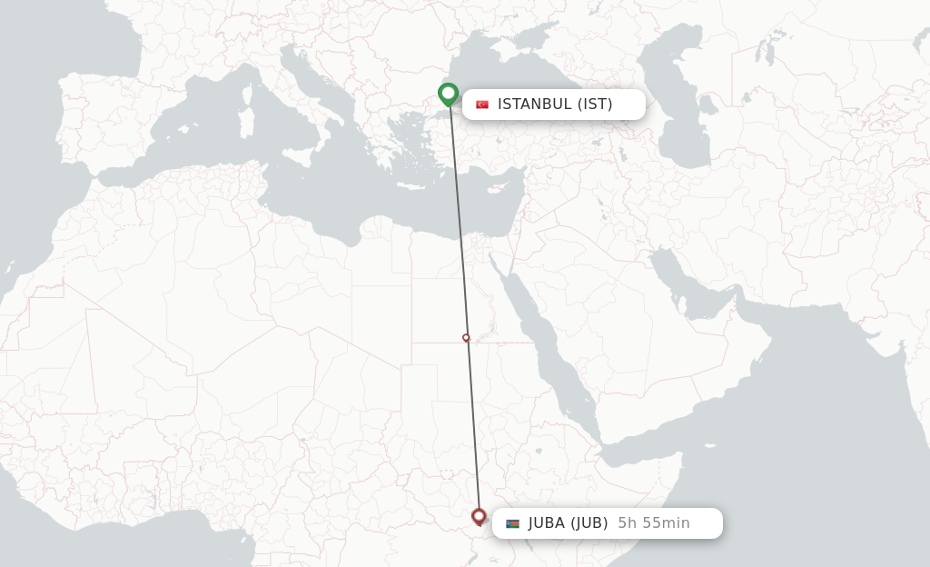 Flights from Istanbul to Juba route map