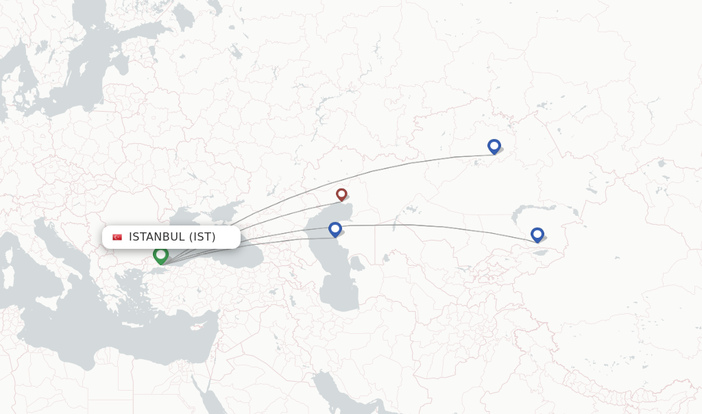 Route map with flights from Istanbul with Air Astana
