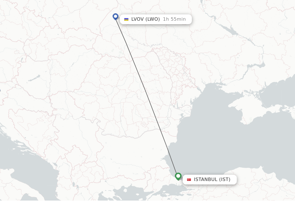 Flights from Lvov to Istanbul route map