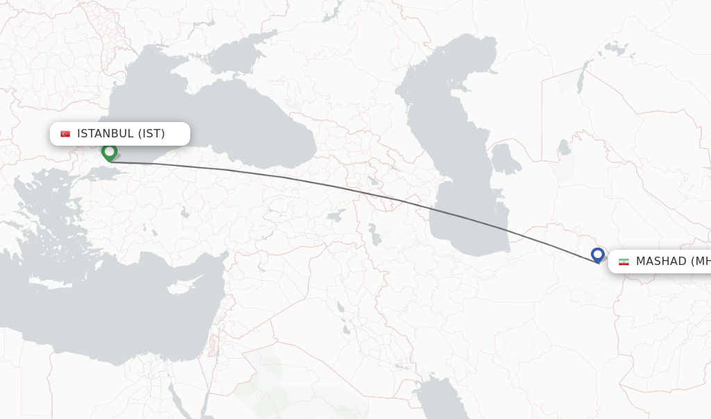 Flights from Istanbul to Mashad route map