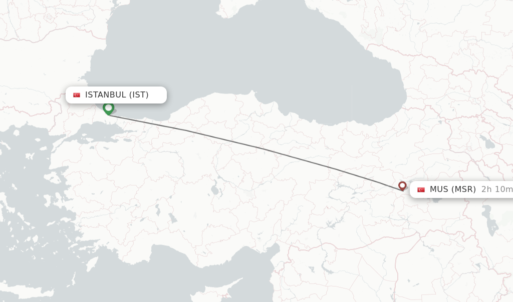 Flights from Istanbul to Mus route map