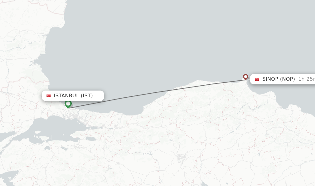 Flights from Istanbul to Sinop route map