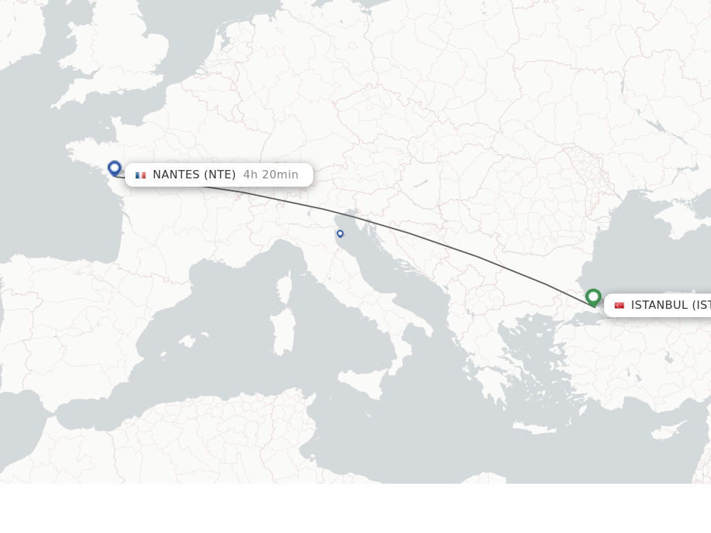 Flights from Istanbul to Nantes route map