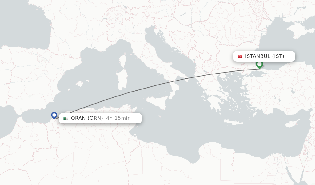 Flights from Istanbul to Oran route map