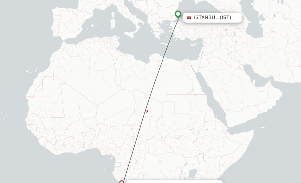 Flights from Istanbul to Pointe Noire route map