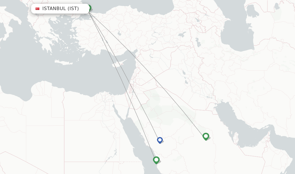 Route map with flights from Istanbul with Saudia