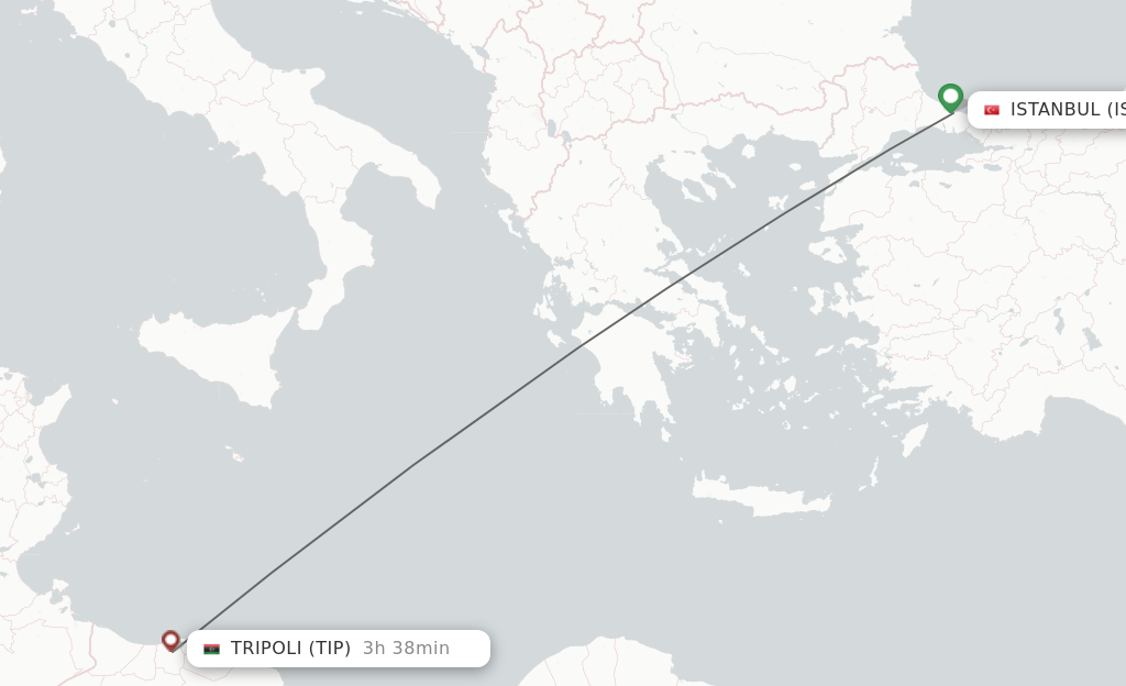 Flights from Istanbul to Tripoli route map