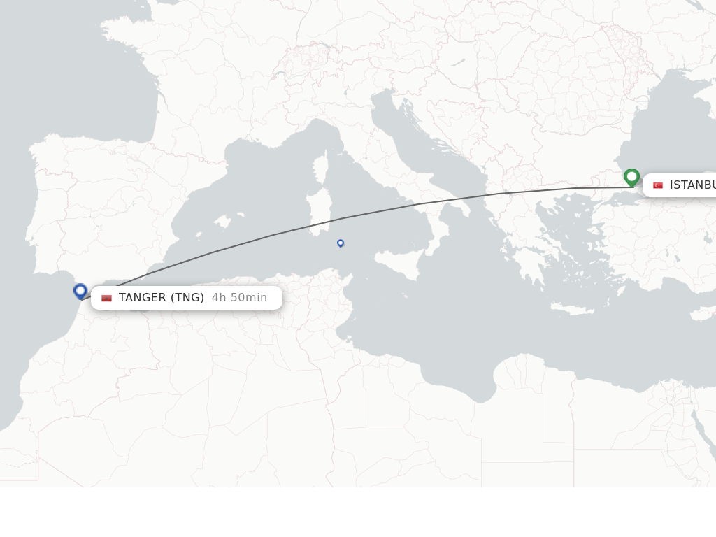 Flights from Istanbul to Tangier route map