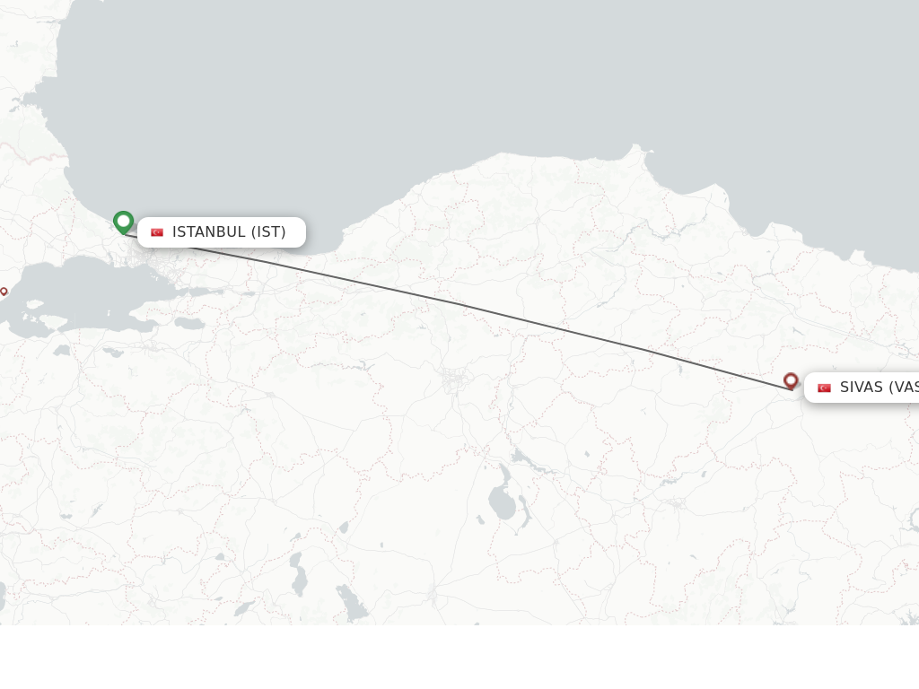 Flights from Istanbul to Sivas route map
