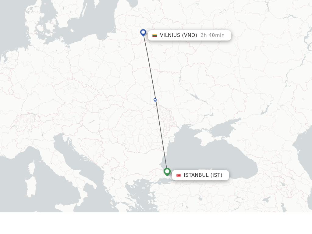 Flights from Istanbul to Vilnius route map