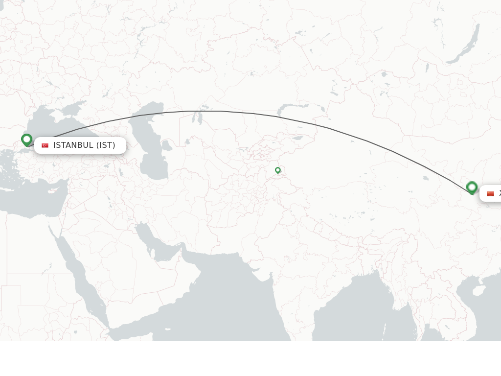 Flights from Istanbul to Xian route map