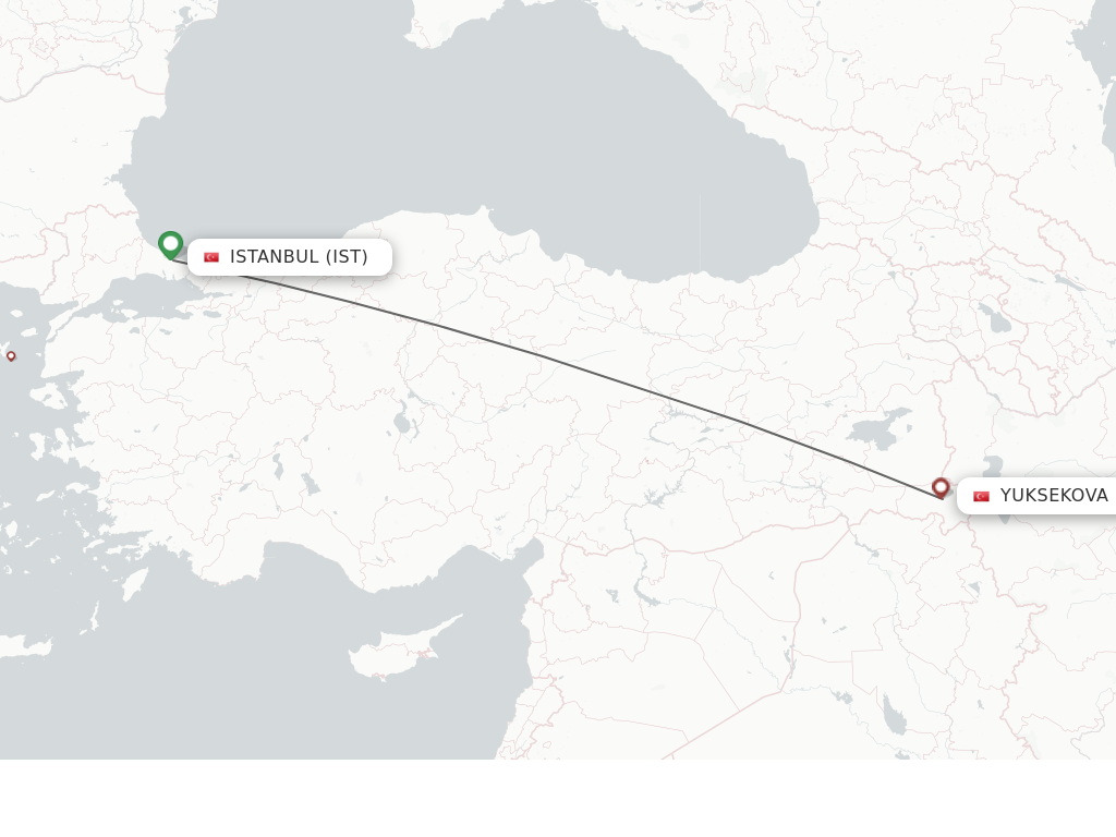 Flights from Istanbul to Yuksekova route map