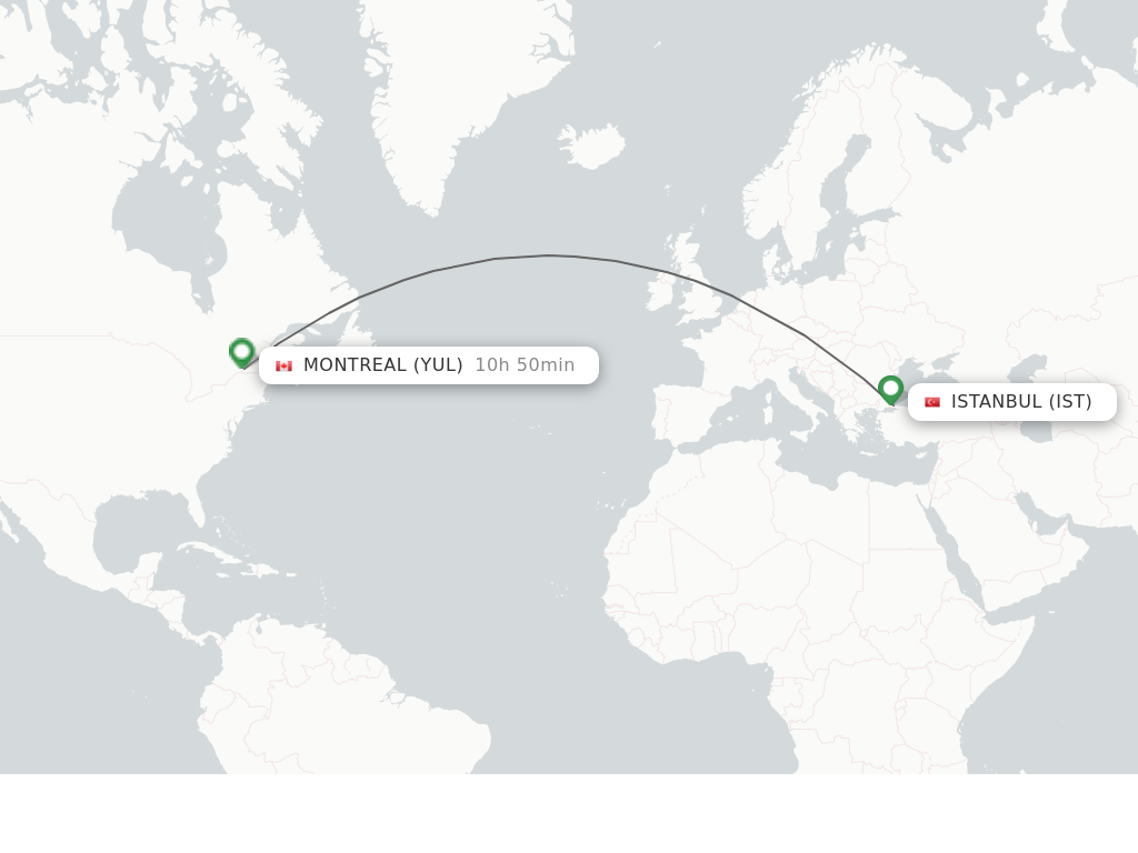 Flights from Istanbul to Montreal route map