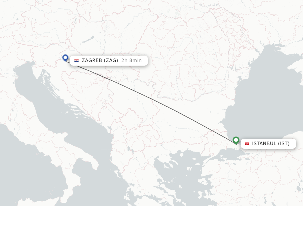Flights from Zagreb to Istanbul route map