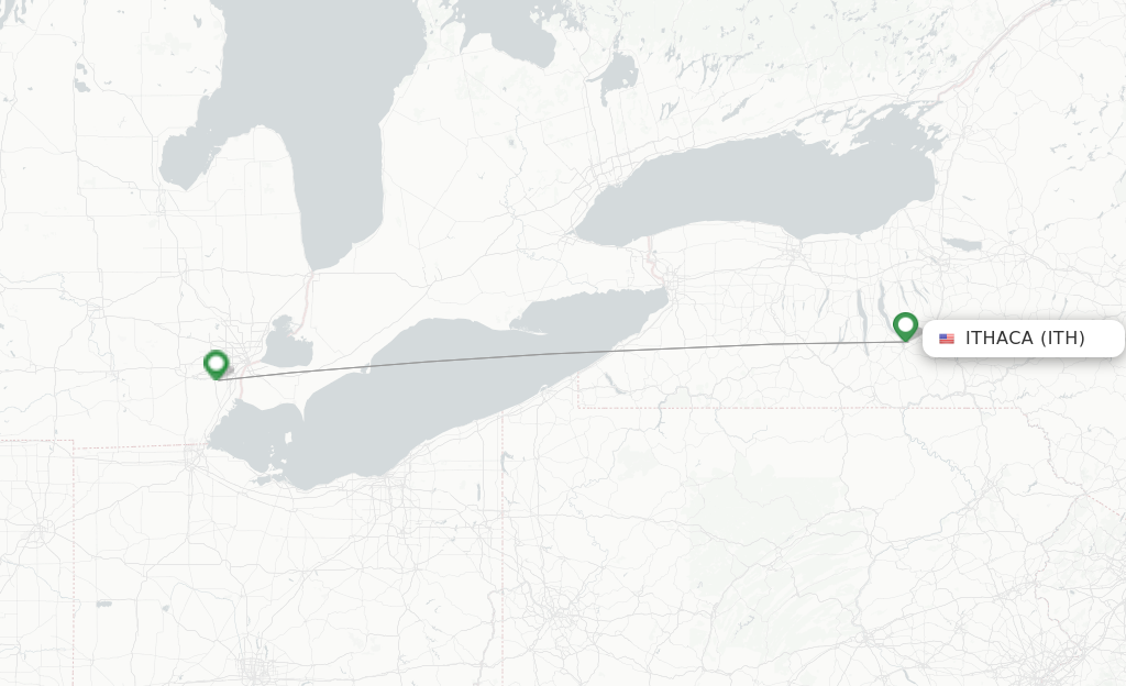 Route map with flights from Ithaca with Delta