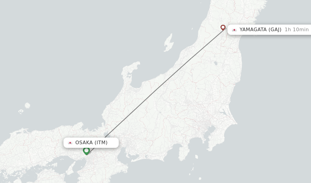Flights from Osaka to Yamagata route map