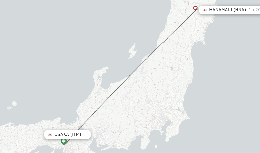 Flights from Osaka to Hanamaki route map