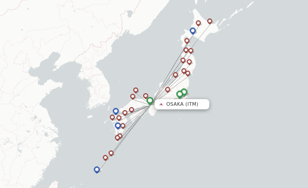 Route map with flights from Osaka with JAL