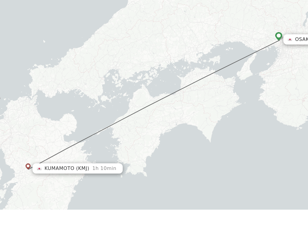 Flights from Osaka to Kumamoto route map