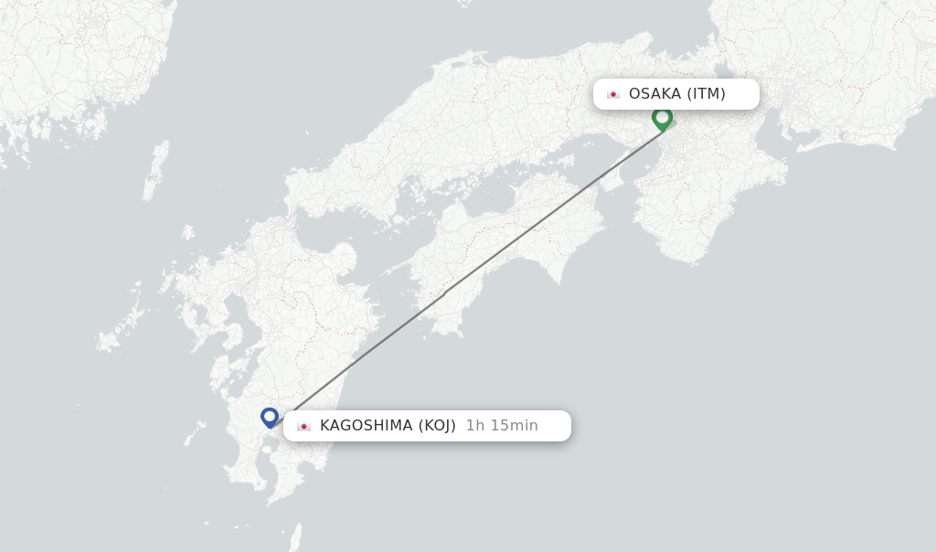 Flights from Osaka to Kagoshima route map