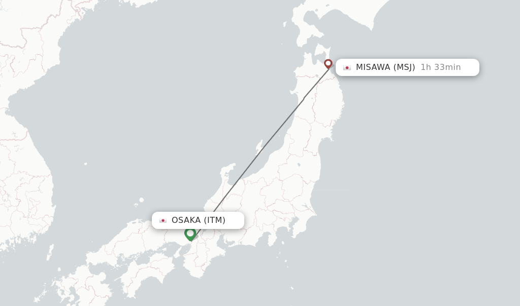 Flights from Osaka to Misawa route map