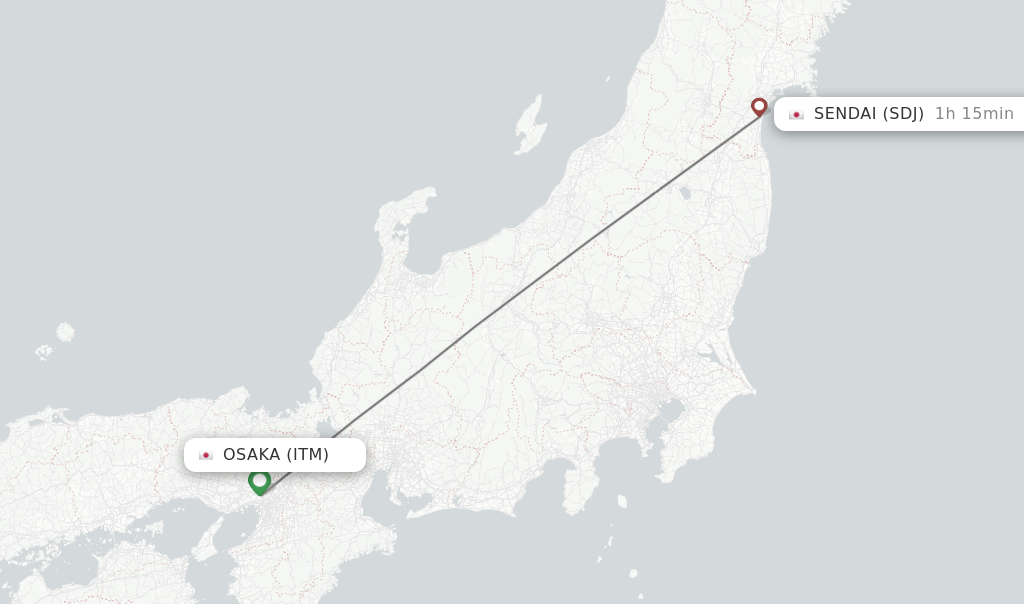 Flights from Osaka to Sendai route map