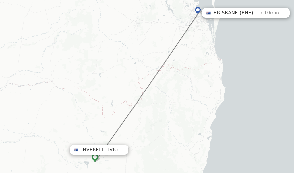 Flights from Inverell to Brisbane route map