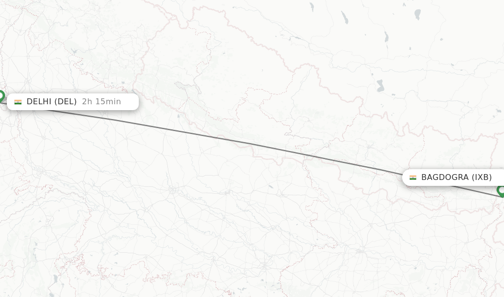 Flights from Bagdogra to Delhi route map