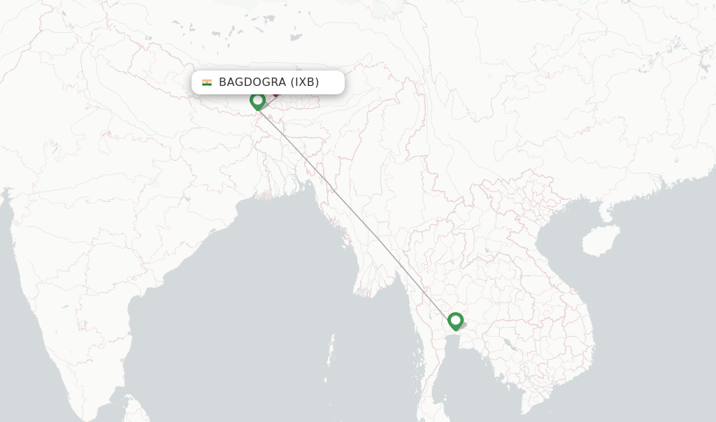 Route map with flights from Bagdogra with Drukair