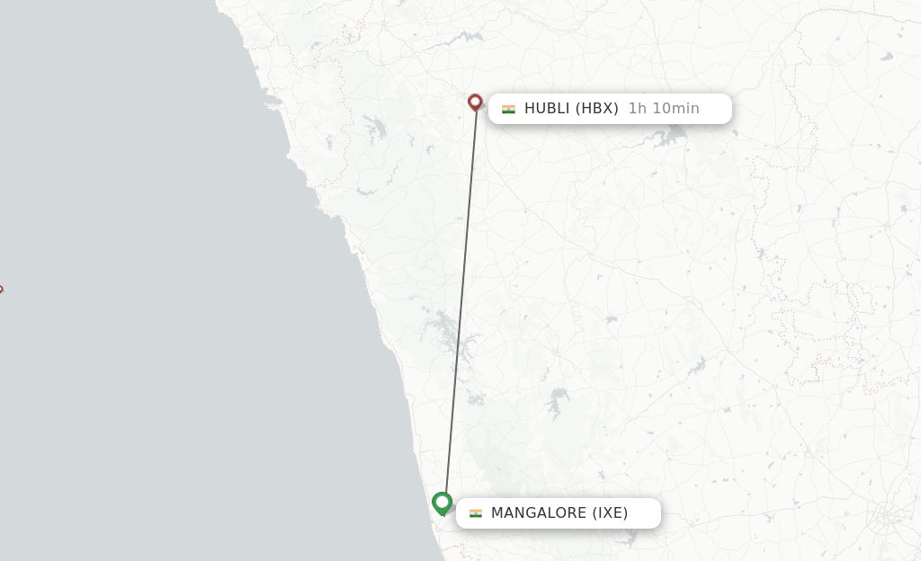 Flights from Mangalore to Hubli route map