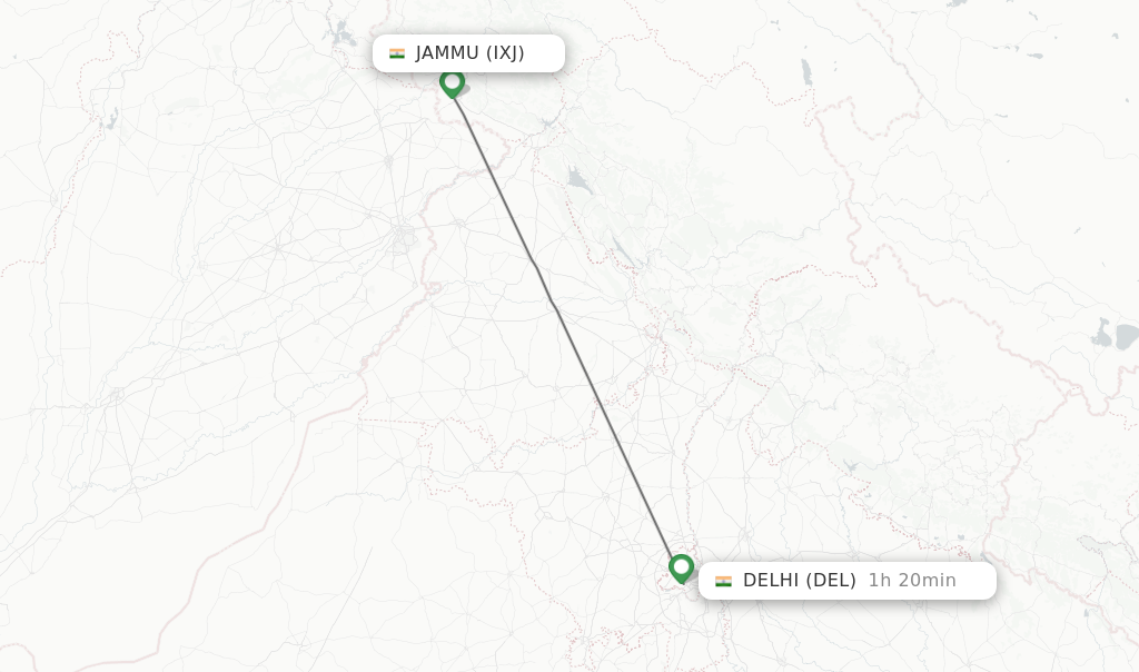 Flights from Jammu to Delhi route map