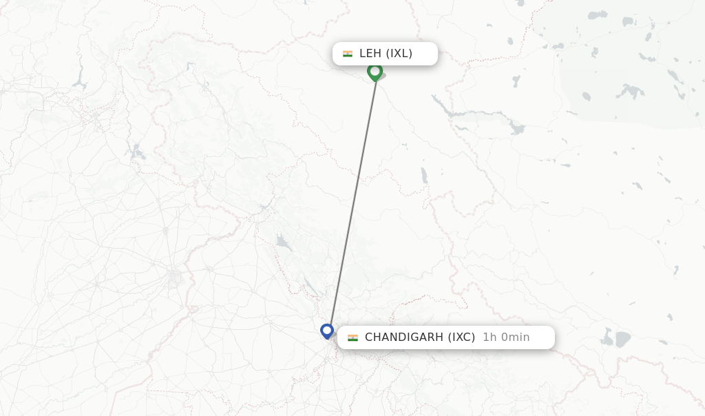 Flights from Leh to Chandigarh route map