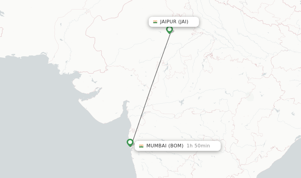 Flights from Jaipur to Mumbai route map