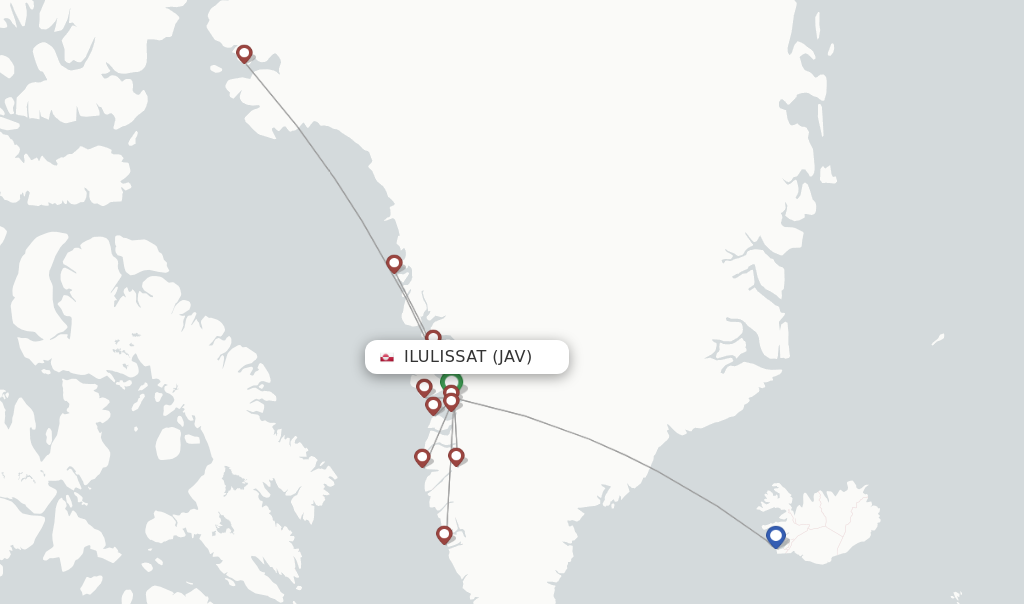 Route map with flights from Ilulissat with Air Greenland
