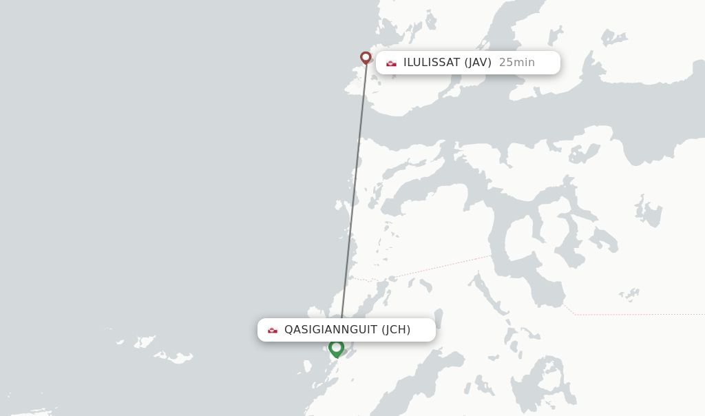 Flights from Qasigiannguit to Ilulissat route map