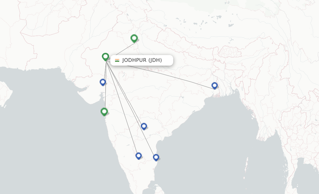 Route map with flights from Jodhpur with IndiGo