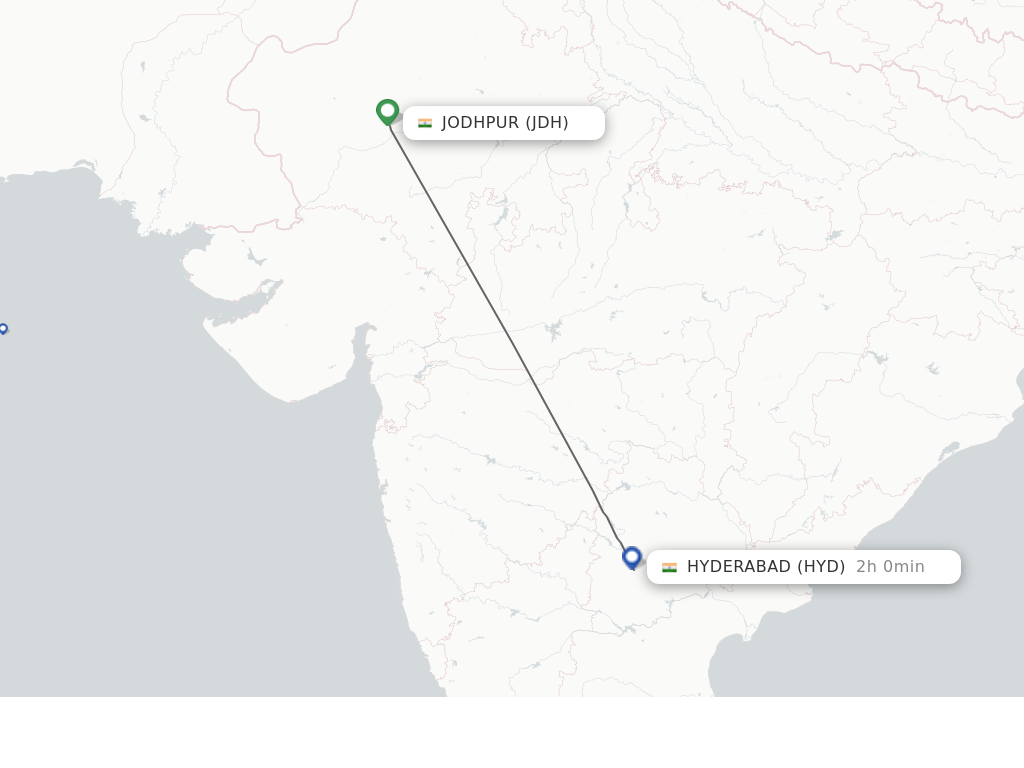 Flights from Jodhpur to Hyderabad route map