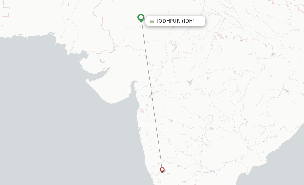 Route map with flights from Jodhpur with Shuttle America
