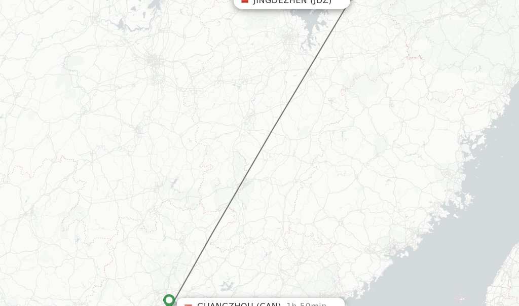 Flights from Jingdezhen to Guangzhou route map
