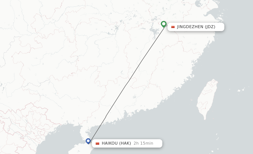 Flights from Jingdezhen to Haikou route map