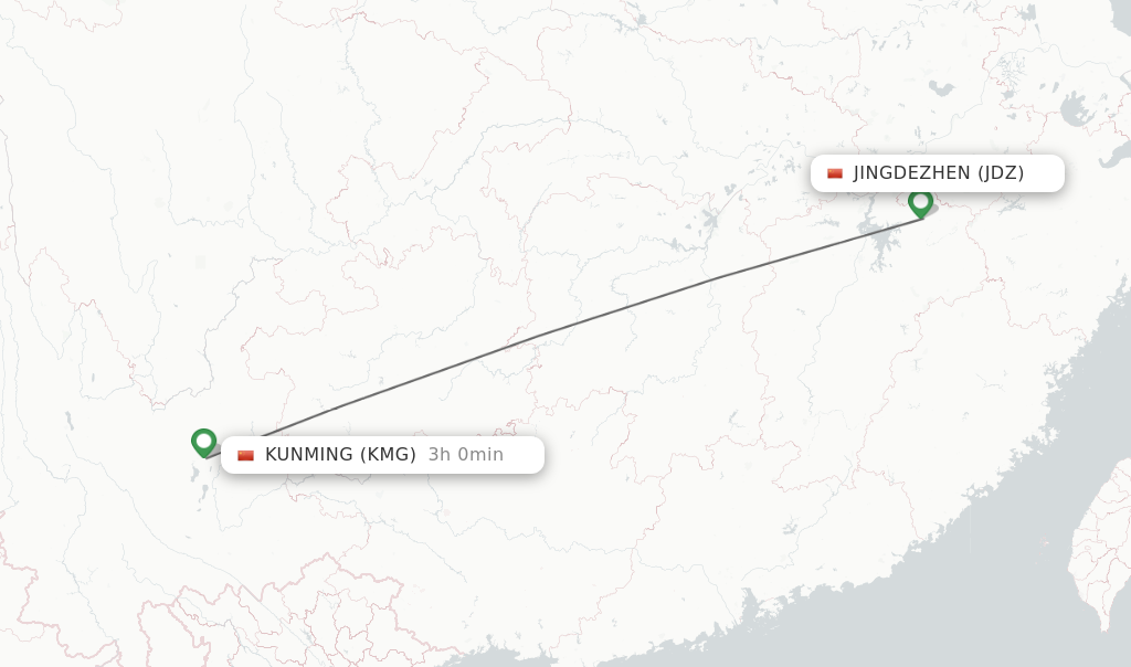 Flights from Jingdezhen to Kunming route map